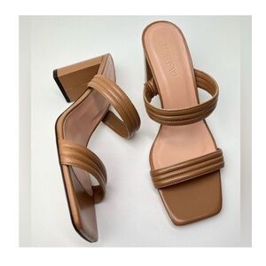 New J. Crew Evelyn Leather Double Strap Tan Neutral Heel Mule Sandals